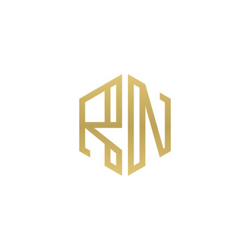 recommend clip art: Initial letter RN, minimalist line art hexagon shape logo, gold color