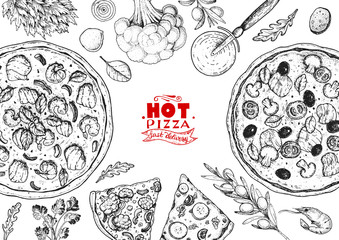 Italian pizza and ingredients top view frame. Italian food menu design template. Vintage hand drawn sketch, vector illustration. Engraved style illustration. Pizza label for menu.