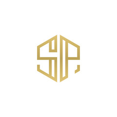 Initial letter SP, minimalist line art hexagon shape logo, gold color