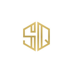Initial letter SQ, minimalist line art hexagon shape logo, gold color