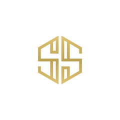 Initial letter SS, minimalist line art hexagon shape logo, gold color