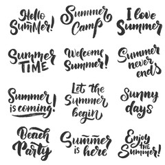Vector hand drawn set with lettering about Summer. Isolated calligraphy for travel agency, beach party. Great design for postcard, print or poster.