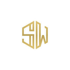 Initial letter SW, minimalist line art hexagon shape logo, gold color