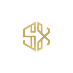 Initial letter SX, minimalist line art hexagon shape logo, gold color