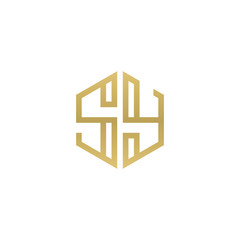 Initial letter SY, minimalist line art hexagon shape logo, gold color