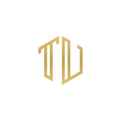 Initial letter TU, minimalist line art hexagon shape logo, gold color