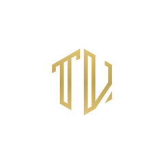 Initial letter TV, minimalist line art hexagon shape logo, gold color
