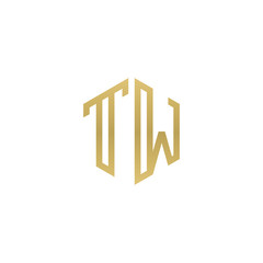Initial letter TW, minimalist line art hexagon shape logo, gold color