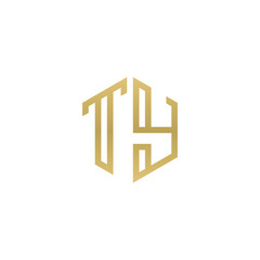 Initial letter TY, minimalist line art hexagon shape logo, gold color