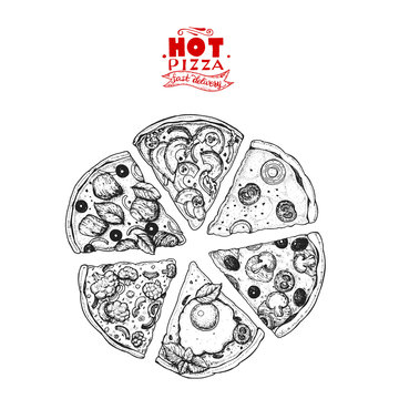 Italian Pizza hand drawn vector illustration. Pizza slices in a circle. Packaging design template. Sketch illustration.