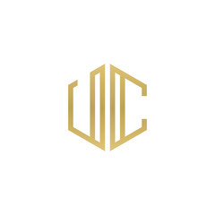 Initial letter UC, minimalist line art hexagon shape logo, gold color