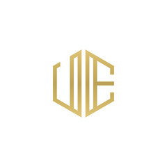 Initial letter UE, minimalist line art hexagon shape logo, gold color