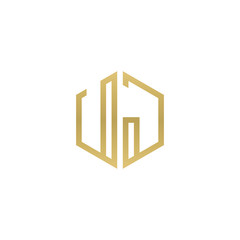 Initial letter UJ, minimalist line art hexagon shape logo, gold color