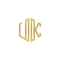 Initial letter UK, minimalist line art hexagon shape logo, gold color