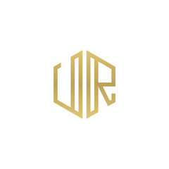 Initial letter UR, minimalist line art hexagon shape logo, gold color