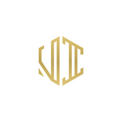 Initial letter VI, minimalist line art hexagon shape logo, gold color