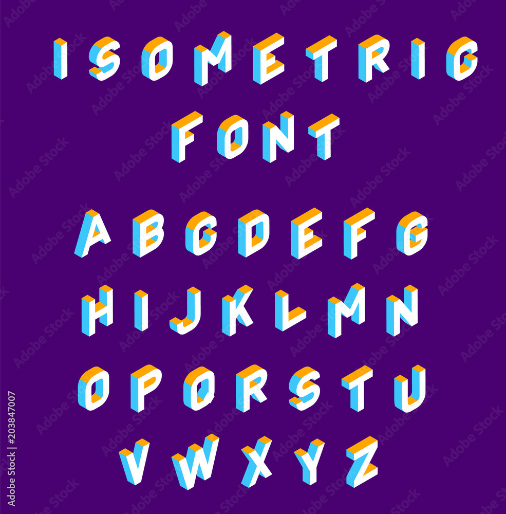 Fototapete isometric font . olored isometric 3d letters , three-dimensional alphabet. low poly 3d characters. v