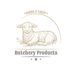 Isolated vintage golden and royal emblem of farm animal. Fresh and tasty lamb meat. Butchery products market. Hand made illustration and lettering. Concept template for branding © ilonitta