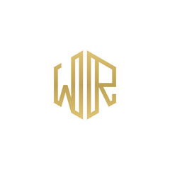 Initial letter WR, minimalist line art hexagon shape logo, gold color