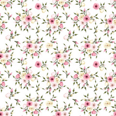 Vector seamless pattern with pink and white lisianthus flowers.