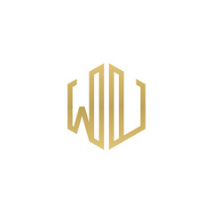 Initial letter WU, minimalist line art hexagon shape logo, gold color