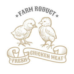 Isolated vintage golden and royal emblem of farm animal. Fresh and tasty Chicken meat. Butchery products market. Hand made illustration and lettering. Concept template for branding