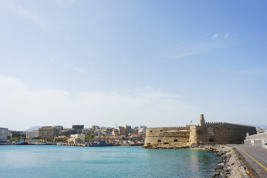 Fortress Kules and the sea bay on the island of Crete.