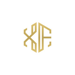 Initial letter XF, minimalist line art hexagon shape logo, gold color