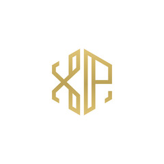 Initial letter XP, minimalist line art hexagon shape logo, gold color