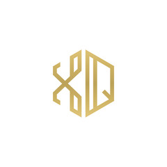 Initial letter XQ, minimalist line art hexagon shape logo, gold color