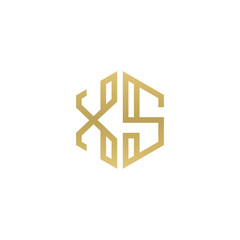 Initial letter XS, minimalist line art hexagon shape logo, gold color