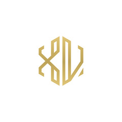 Initial letter XV, minimalist line art hexagon shape logo, gold color