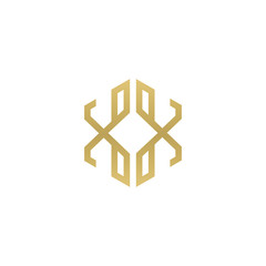 Initial letter XX mirror, minimalist line art hexagon shape logo, gold color
