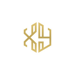 Initial letter XY, minimalist line art hexagon shape logo, gold color