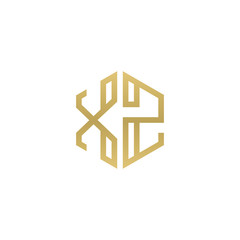 Initial letter XZ, minimalist line art hexagon shape logo, gold color