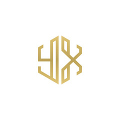 Initial letter YX, minimalist line art hexagon shape logo, gold color