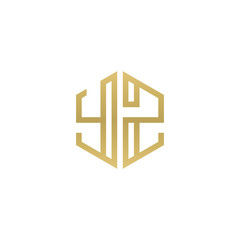 Initial letter YZ, minimalist line art hexagon shape logo, gold color