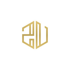 Initial letter ZU, minimalist line art hexagon shape logo, gold color