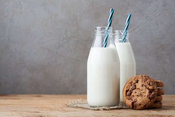 Two bottles of milk and chocolate chip cookies on dark background with copy space