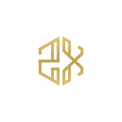 Initial letter ZX, minimalist line art hexagon shape logo, gold color