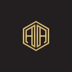 Initial letter AA mirror, minimalist line art hexagon shape logo, gold color on black background