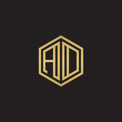 Initial letter AD, AO, minimalist line art hexagon shape logo, gold color on black background