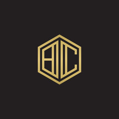 Initial letter BC, minimalist line art hexagon shape logo, gold color on black background