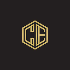 Initial letter CE, minimalist line art hexagon shape logo, gold color on black background