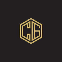 Initial letter CG, minimalist line art hexagon shape logo, gold color on black background