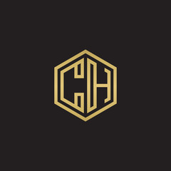 Initial letter CH, minimalist line art hexagon shape logo, gold color on black background