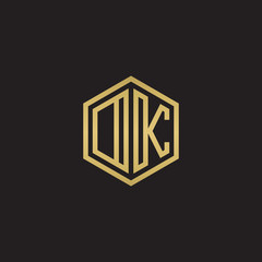 Initial letter DK, OK, minimalist line art hexagon shape logo, gold color on black background