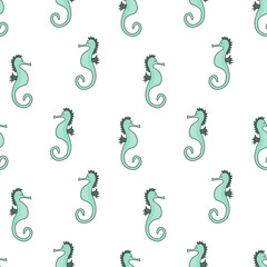 Seamless pattern with cartoon sea horse. Vector illustration.