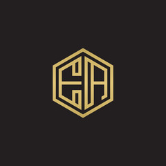 Initial letter EA, minimalist line art hexagon shape logo, gold color on black background