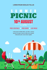 Summer barbecue picnic, vector poster, banner layout. BBQ grill, table with food and wine. Outdoors weekend background.